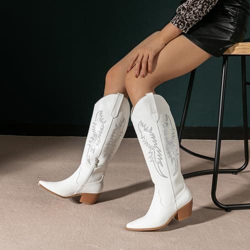 Amoji Women's Western Cowboy Knee High Boots with Zipper 307