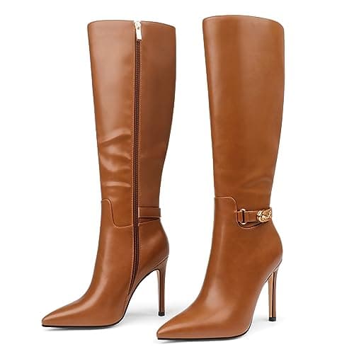 COLETER Women's Knee High Stiletto Buckle Dress Boots with Slouch Zipper — Brown Matte