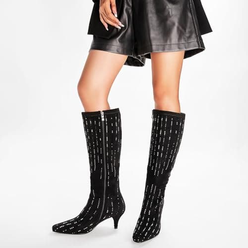 GOSERCE Women's Black Rhinestone Knee High Sparkly Stiletto Heel Boots