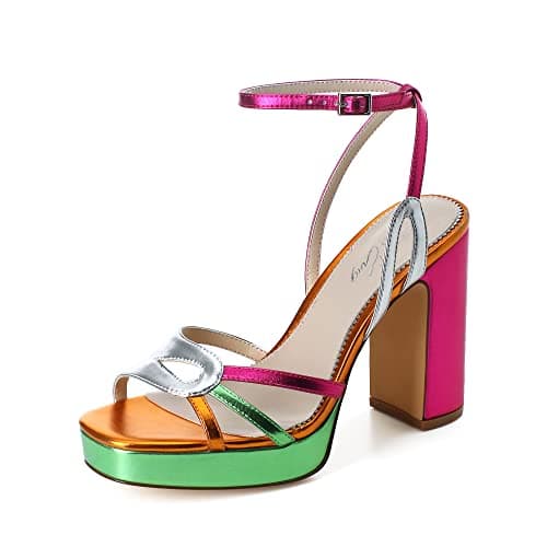 Sun Gurg Women's Multicolored Square Toe Platform Heels for Prom Night — Rose Red/Orange/Green
