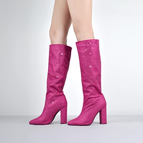 Richealnana Women's Rhinestones Block Heel Knee High Booties
