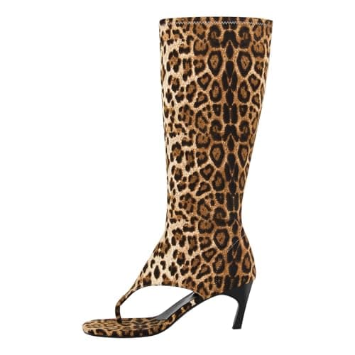 Sexytag Women's Open Toe Knee High Kitten Heel Thong Sandals — Leopard