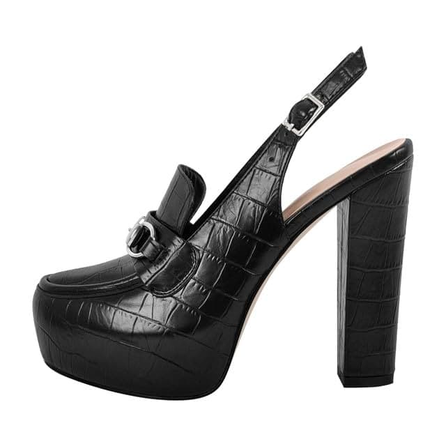 Richealnana Women's Chunky Heel Back Strap Buckle Pull-On Pumps — Black Stone