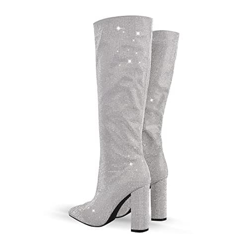 Onlymaker Glitter Rhinestone Knee High Point Toe Boots for Women