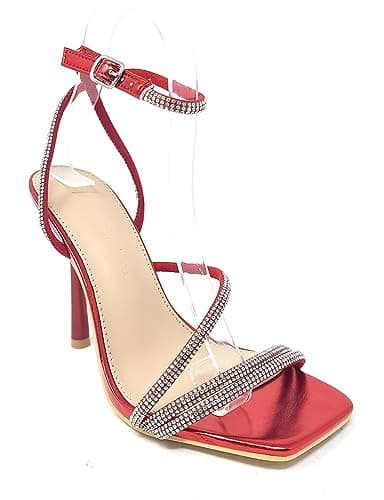 Narala Wild Diva Women's Square Toe Rhinestone Embellished Stiletto Heels — Red Mpu