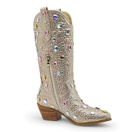 Sparkle Rhinestone Cowboy Boots for Women Western Mid Calf Glitter Pull-on Zipper Boots