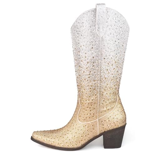 MISSMILLER Women's Rhinestone Mid Calf Sparkly Pointed Toe Cowgirl Boots with Pull-On Tabs