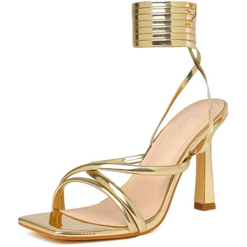 Mostrin Women's Strappy Heels Lace Up Square Toe High Heeled Sandals for Prom, Party & Daily Wear — Gold
