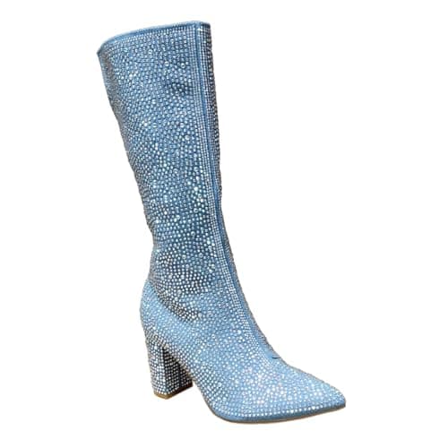 ABSOLEX Women's Pointed Toe Rhinestone Knee High Boot — Blue Denim