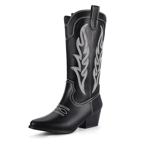 IDIFU IN2 Mid Calf Cowboy Boots for Womenchunky Low Heel Western Embroidery — Black