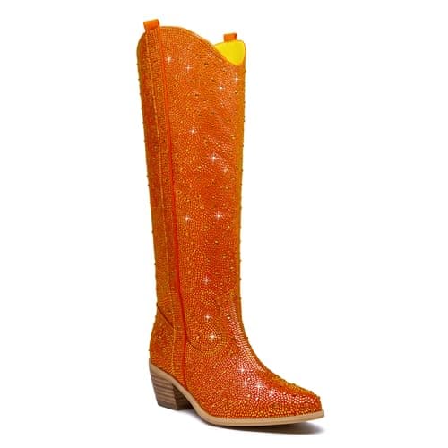 KEEISEA Women's Sparkle Rhinestone Cowboy Boots Wide Glitter Fashion Party — Knee-high Orange