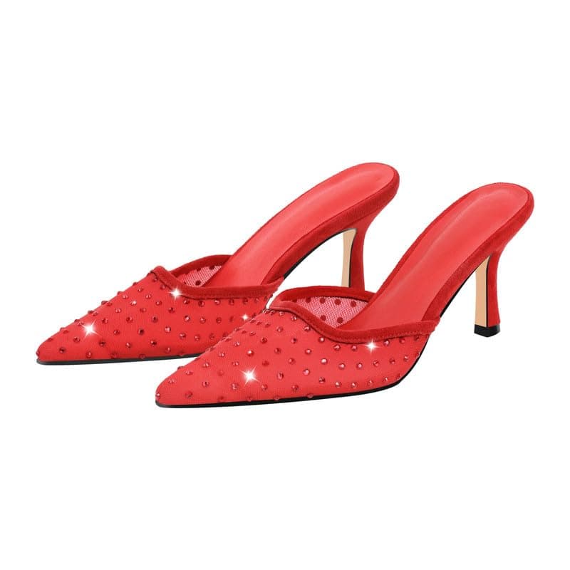 Richealnana Women's Pointed Toe Bow Mule Sandals for Party and Weddings — Red-c