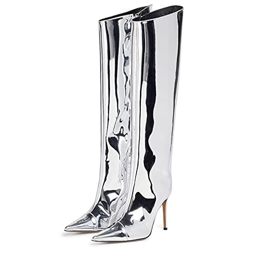 Arqa Women's Chrome Zipper Knee High Stiletto Heel Boot