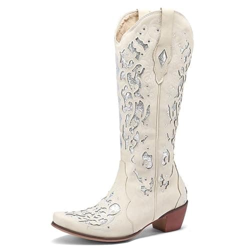 KiutSymo Sparkly Vintage Embroidered Cowgirl Boots Mid Calf Heel Wedding Western — Beige