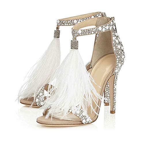 Hinyyrin Women's White Stiletto Heeled Rhinestone Tassels Wedding Sandals