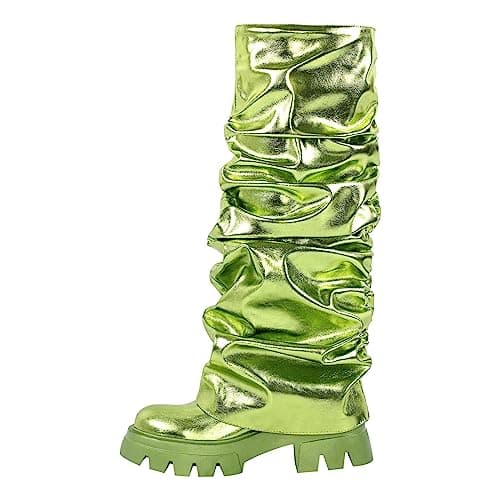 Richealnini Women's Metallic Knee High Pull-On Slouch Heels — Green