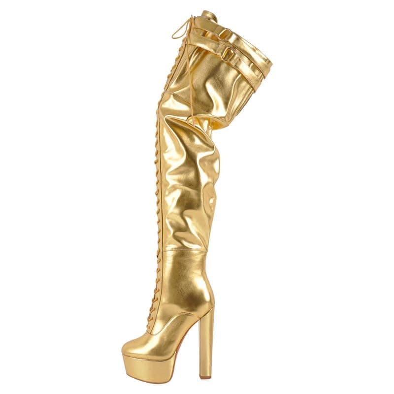 Richealnana Women's Over The Knee High Platform Thigh High Boots | Fashion Lace-Up Chunky Heels | Winter Warmth.boot size US 8.5 — Gold