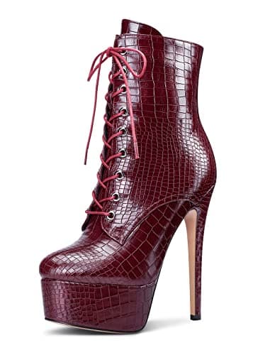 Castamere Women's High Heel Lace-Up Ankle Boots With Zipper Stiletto Heels 6 Inches — Burgundy Matte