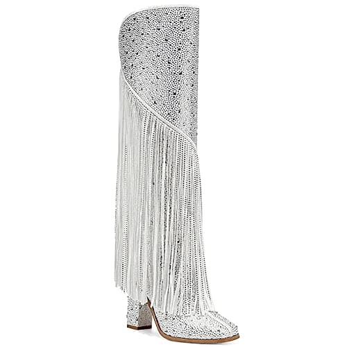 Ouepiano Women's Fringe Rhinestone Zipper Knee High Cowboy Boots for Girls Party Date