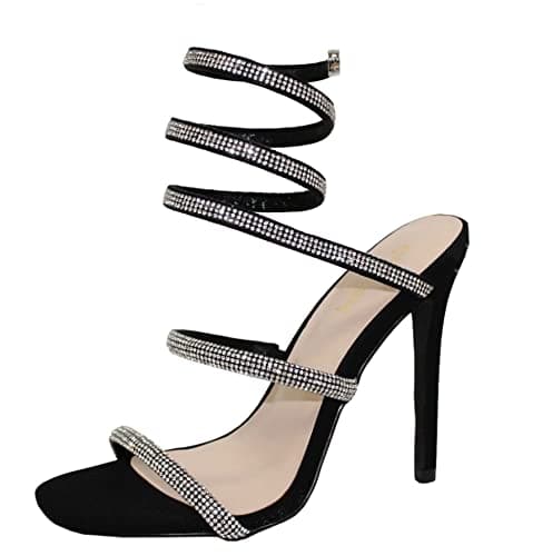 Bonnibel Women's Rhinestone Spiral Ankle Strap Heels Sandals — Black Rhinestone