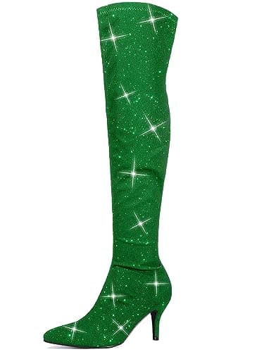 Allegra K Women's Glitter Knee High Stiletto Heels — Green