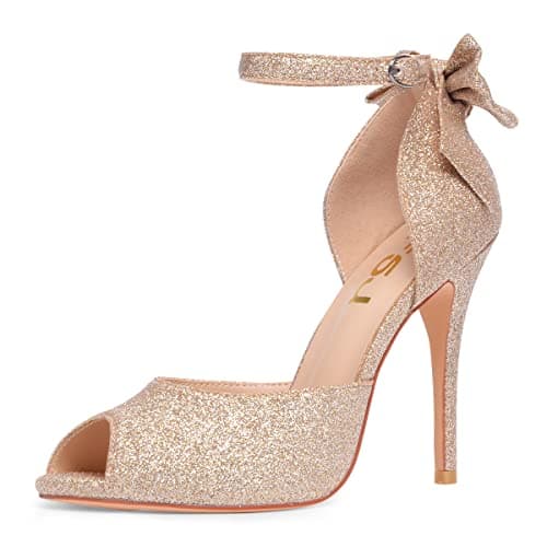 FSJ Women's Bridal Stiletto Heels with Ankle Straps and Buckle Size 4-15 US — Gold Glitter