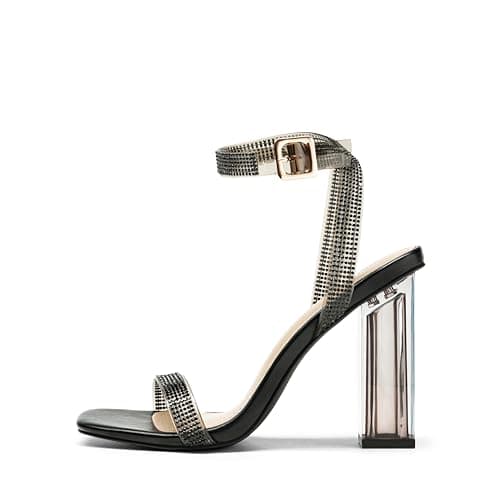 Women's Chunky Clear Rhinestone Strap Heels