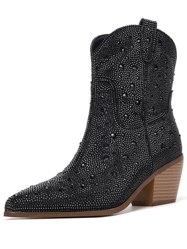RONILURN Women's Cowgirl Ankle Boots with Rhinestone Heel — Ankle Black