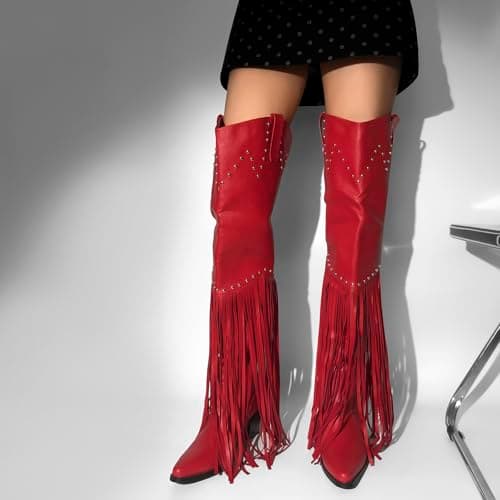 Richealnini Fringe Thigh High Zip-Up Western Boots