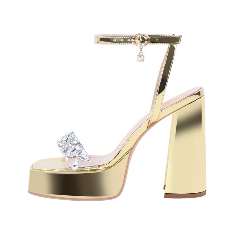 Richealnana Women's Rhinestone Platforms Chunky Heel Sandals — Gold-b