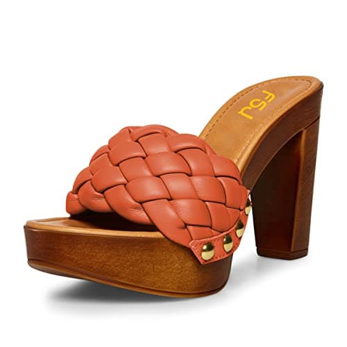 FSJ Women's Braided Chunky Heel Slip On Sandal Size 4-15 US — Orange