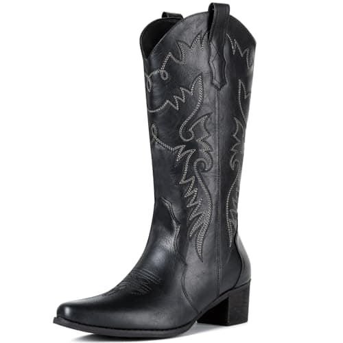 IXU Women's Pointy Toe Mid Calf Western Cowgirl Boots — Black