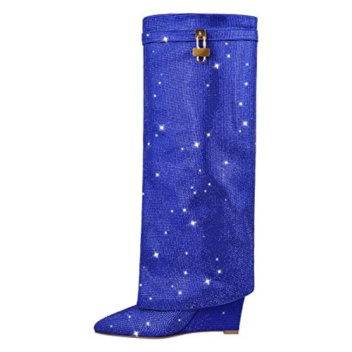 Richealnana Women's Rhinestone Wedge Knee-High Boots — Blue