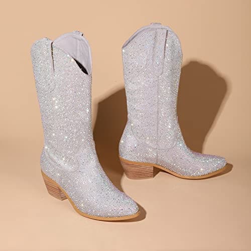 Atuelang Women's Sparkly Rhinestone Knee High Cowboy Boots