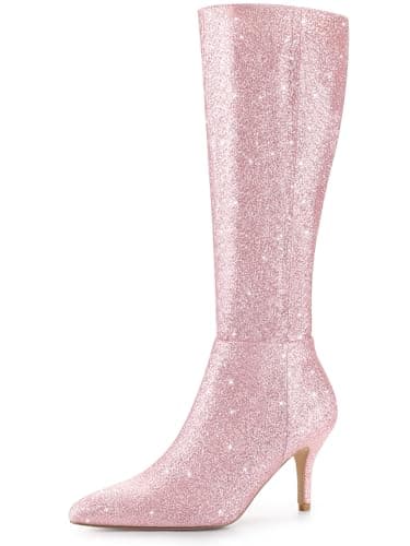 Allegra K Women's Sparkle Pointy Toe Knee High Boots — Pink