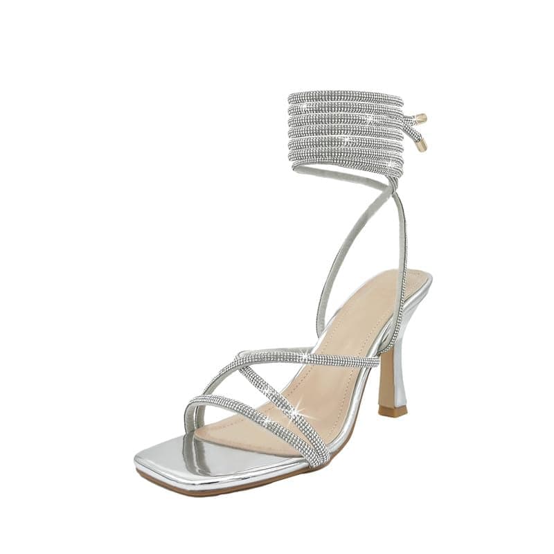 Baffoloo Women's Rhinestone Strappy Stiletto Heeled Square Toe Sandals — Sparkle Silver