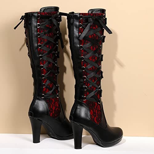 KysBloes Women's Goth Lace Knee High Boots with Buckle Heel