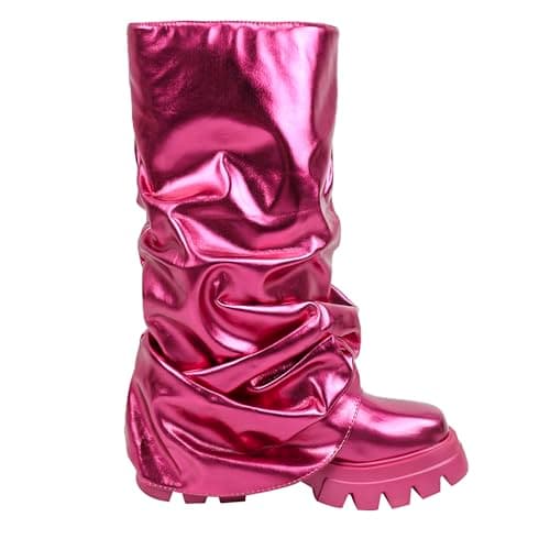 DETOGNI Women's Metallic Mid Calf Pull-On Chunky Platform Booties — Burgundy