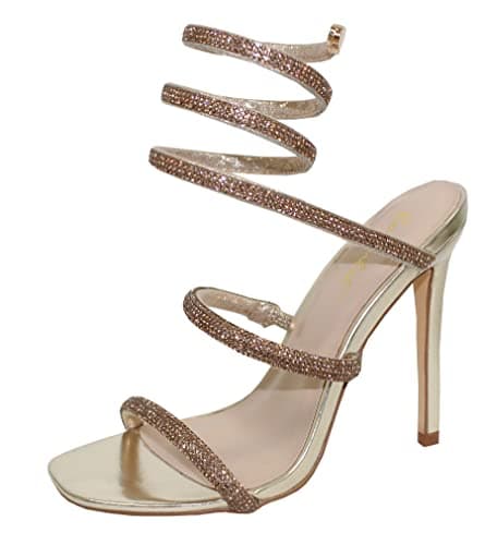 Bonnibel Women's Rhinestone Spiral Ankle Strap Heels Sandals — Gold Rhinestone