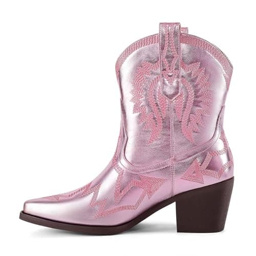 Western Metallic Embroidered Boots for Women - HOCHFART Wide Calf Heel Pull-OnCowgirl — Pink