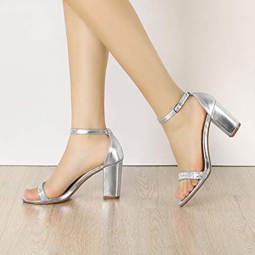 Allegra K Women's Rhinestone Ankle Strap Chunky Heels