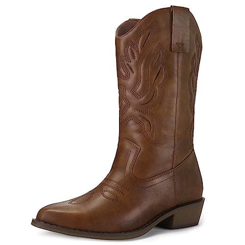 Mysoft Women's Cowboy Boots Embroidered Mid-Calf Pointed Toe — Solid Brown