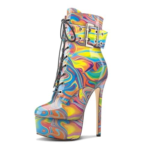 Womens Aachcol Stiletto Heel Platform Ankle Boots Patent Leather Zipper Buckle — Colorful Graffiti