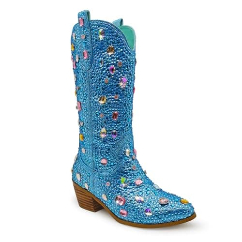 KEEISEA Women's Sparkle Rhinestone Cowboy Boots Wide Glitter Fashion Party — Green
