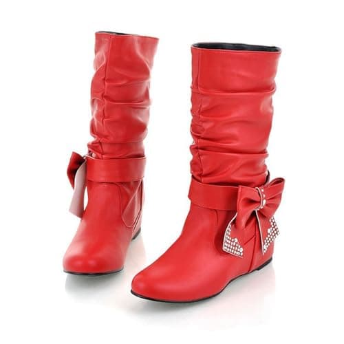 Elegant Women's Leather Mid Calf Boots — Red