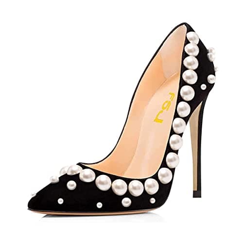 FSJ Women's Stilettos Formal Pointed Toe High Heel Shoes Größe 4-15 US — Black-suede Pearls