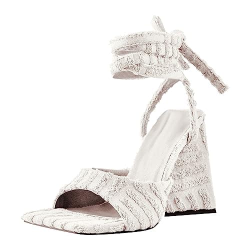 Richealnana Women's Square Toe Chunky Heel Strappy Sandals — White