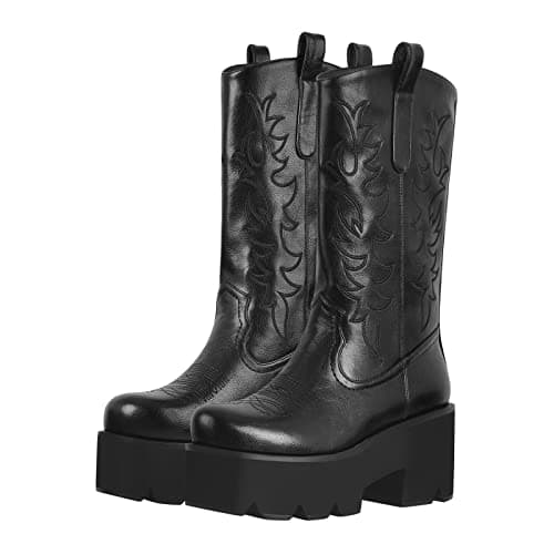 Rich heel Mid Calf Booties for Women Embroidered Knee-High Boots