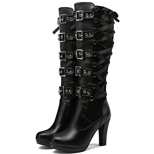 KysBloes Women's Goth Lace Knee High Boots with Buckle Heel — Black