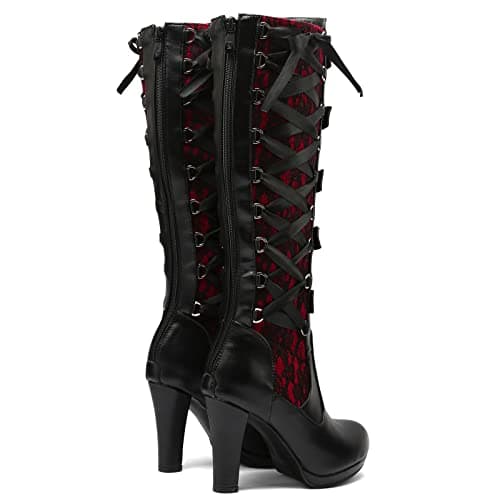 KysBloes Women's Goth Lace Knee High Boots with Buckle Heel
